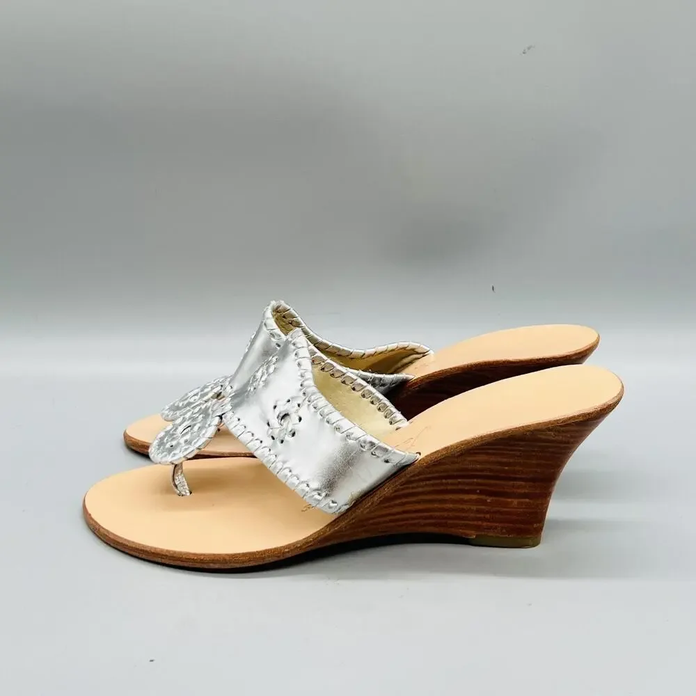 Jack Rogers Sandals Womens 7 Silver Leather Thong Medallion Wedge Heel Shoes